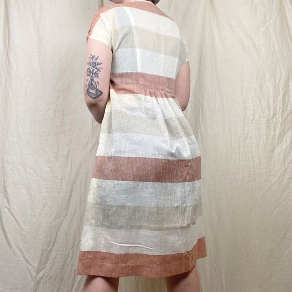 Vintage 70s Striped Buttons Pockets Summer Cap Sleeve Sheer A Line Linen Dress S - Picture 5 of 12